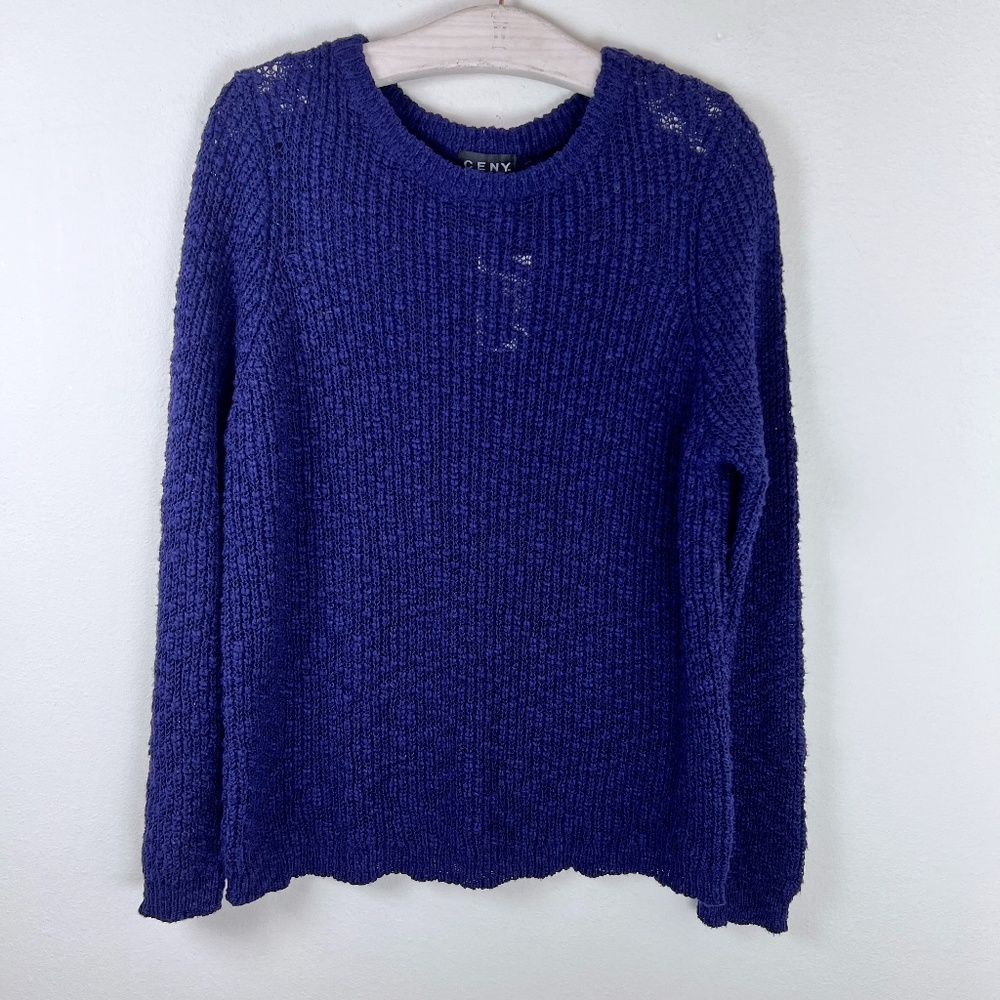Ceny Womens Blue Open Knit Crew Neck Long Sleeve Sweater - Picture 2 of 6